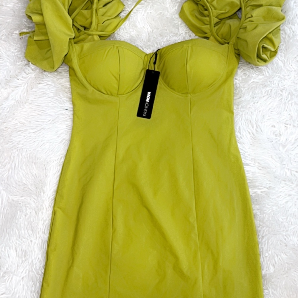 Fashion Nova Green and Yellow Ruffled Bodycon Dress